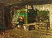 Georg Saal view into a Blackforest living room with small girl on the oven bench Spain oil painting artist